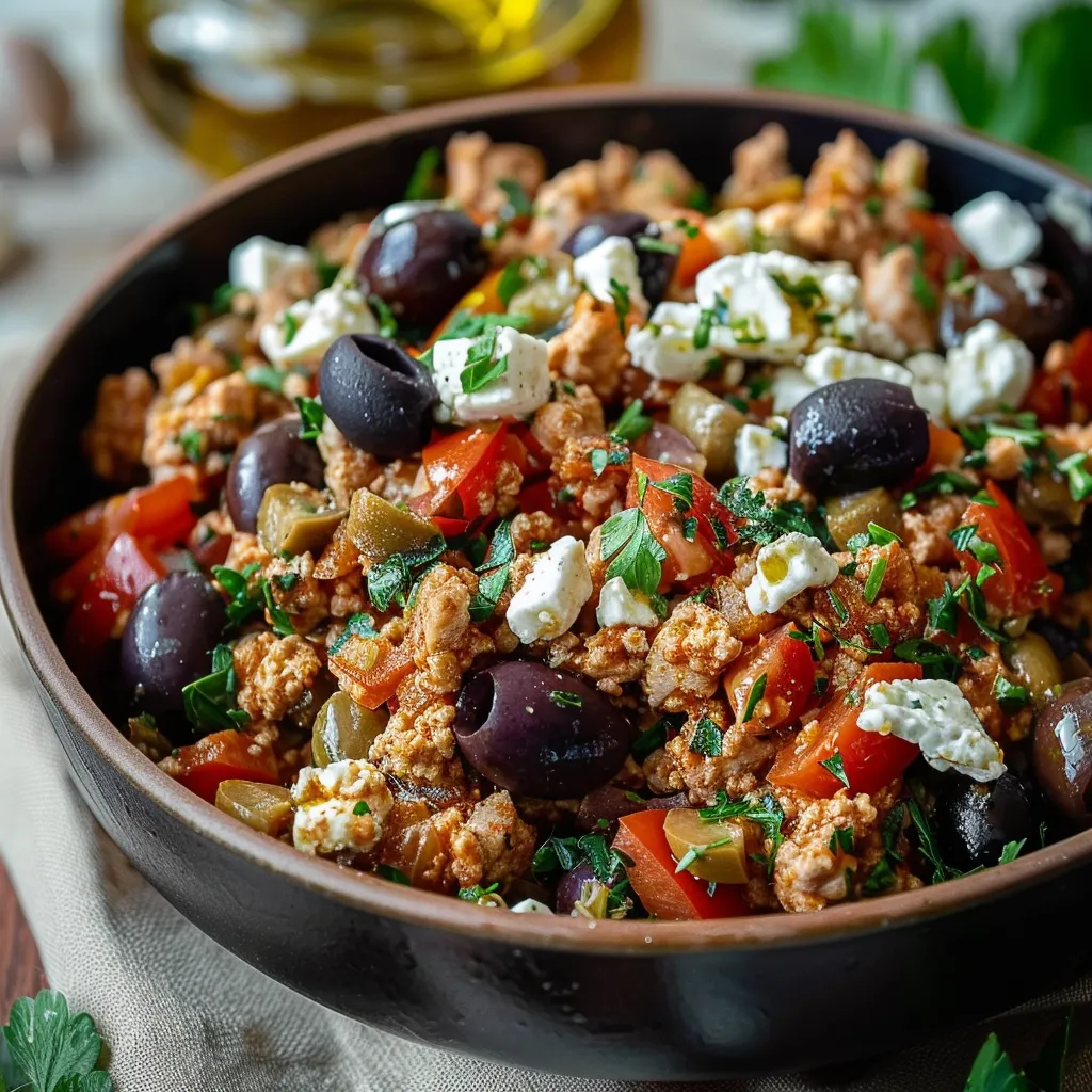 Mediterranean Keto Ground Chicken Skillet with Olives and Feta