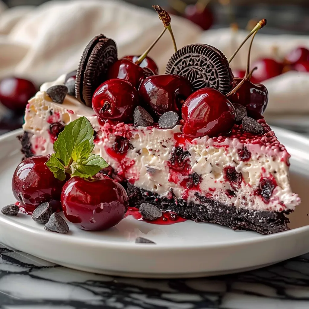 Oreo Cherry Chocolate Chip No-Bake Cheesecake