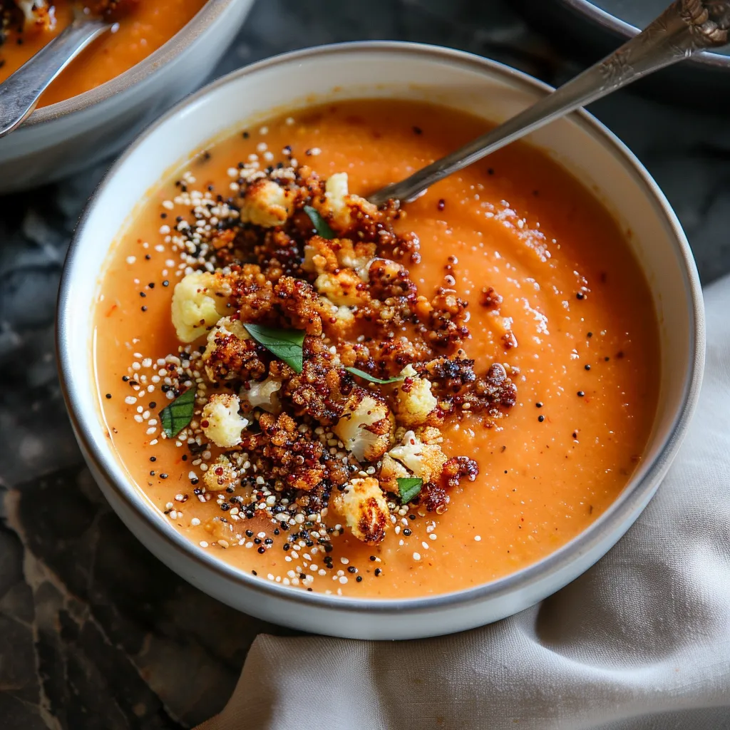 Roasted Garlic Cauliflower and Tomato Soup with Crispy Quinoa