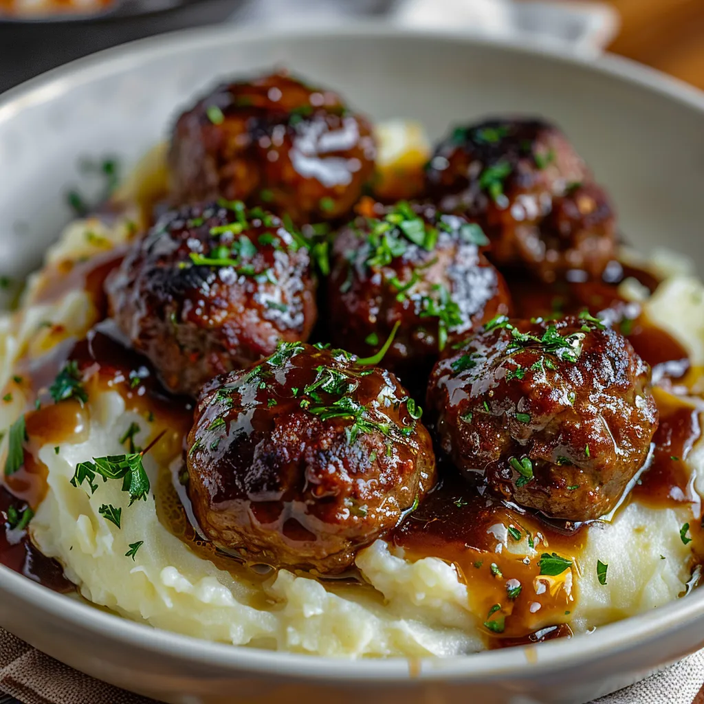Salisbury Steak Meatballs With Garlic Herb Mashed Potatoes