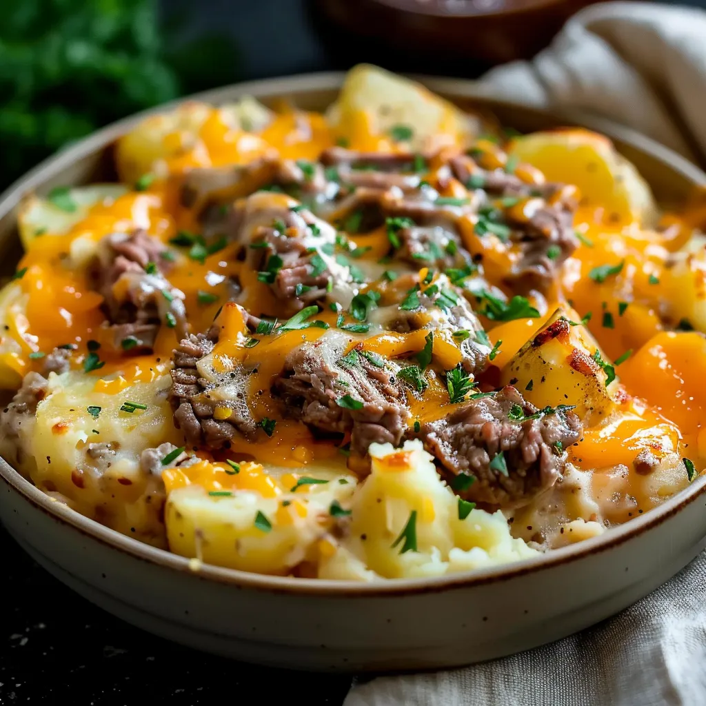 Slow Cooker Steak and Cheddar Potato Casserole