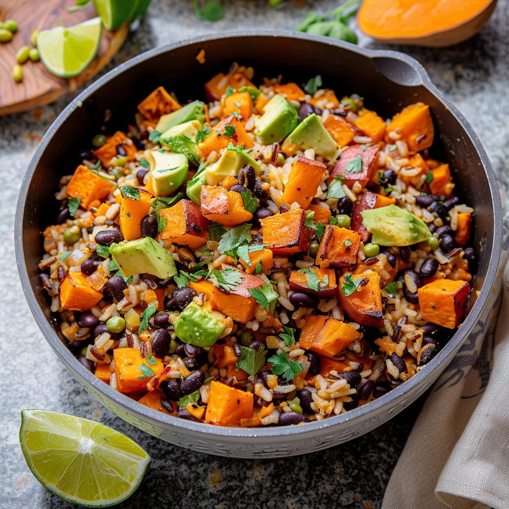 Southwest Sweet Potato, Black Bean and Rice Skillet