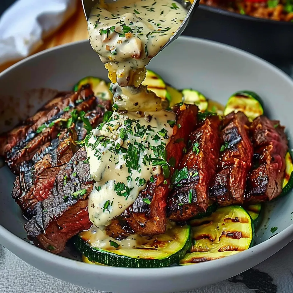Grilled Steak Bowl with Creamy Sauce & Grilled Zucchini