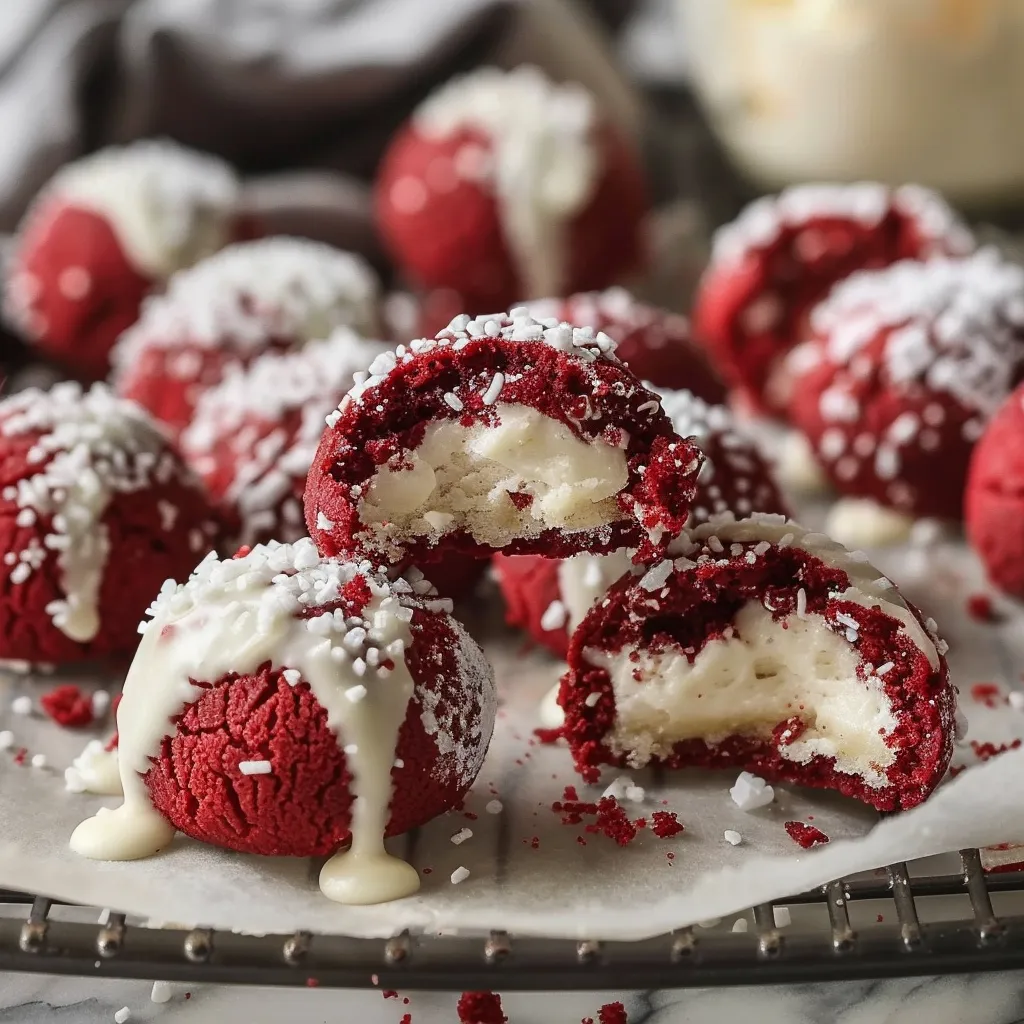 Red Velvet Snowball Cookies with White Chocolate Filling