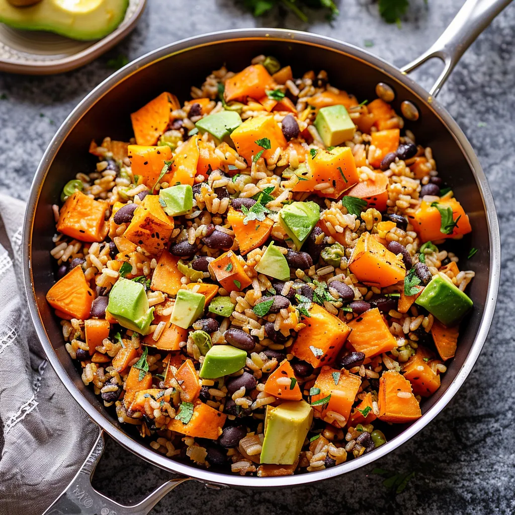 Southwest Sweet Potato Black Bean and Rice Skillet