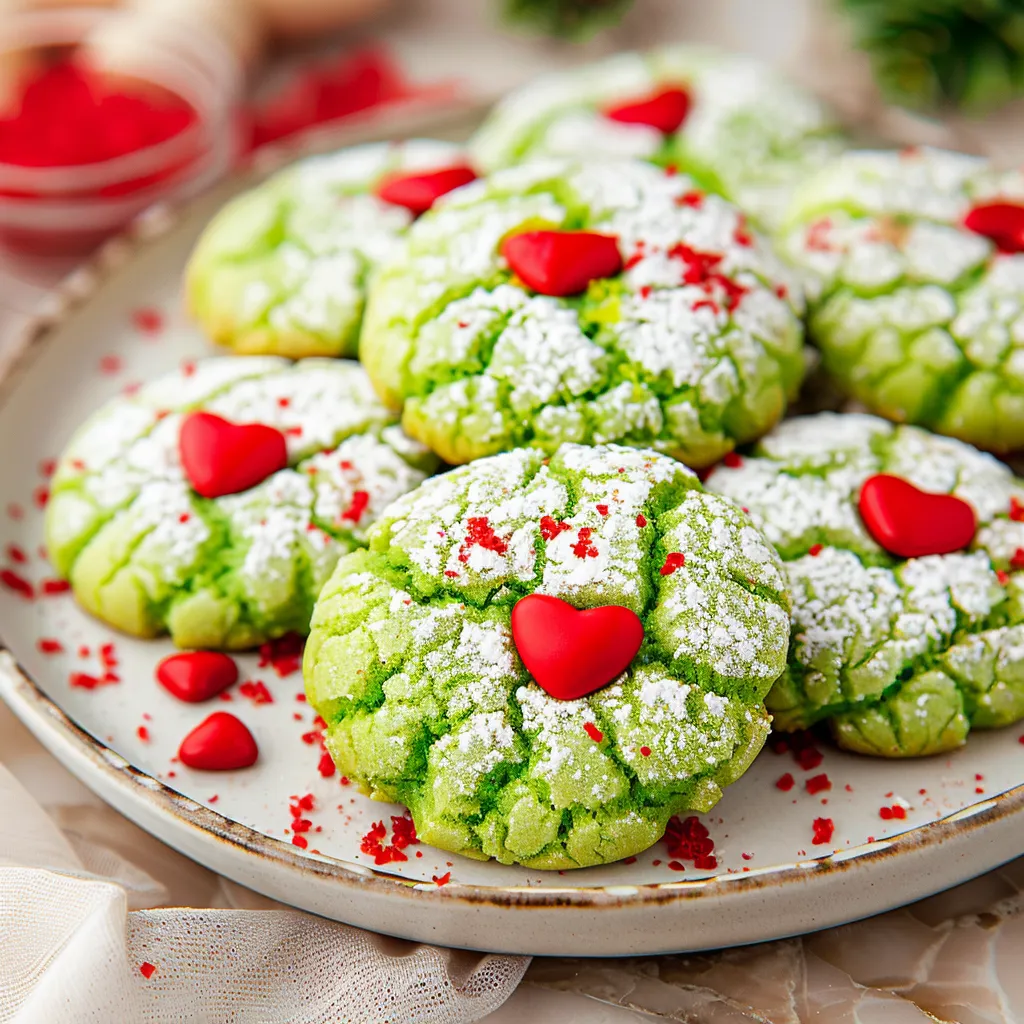Easy Grinch Crinkle Cookies with Red Hearts