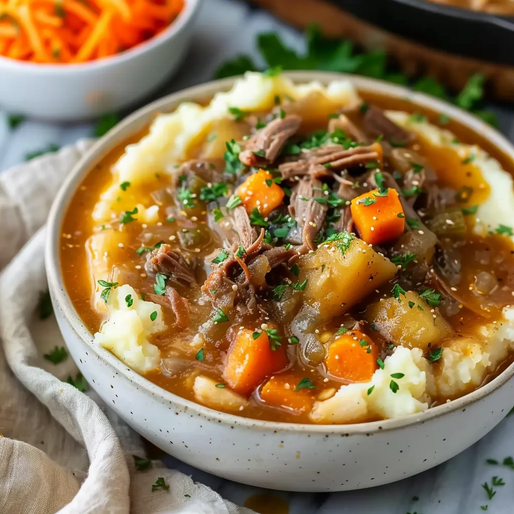 Fall Apple Cider Stew with Cheddar Mashed Potatoes