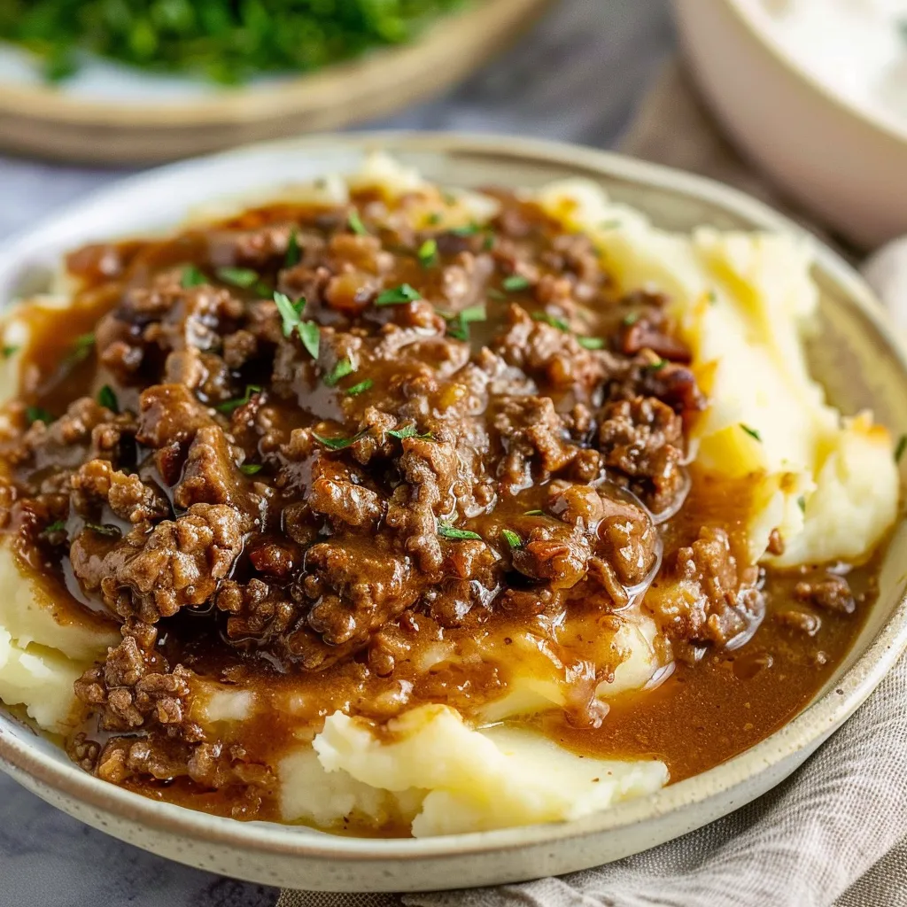 Ground Beef and Gravy Over Mashed Potatoes