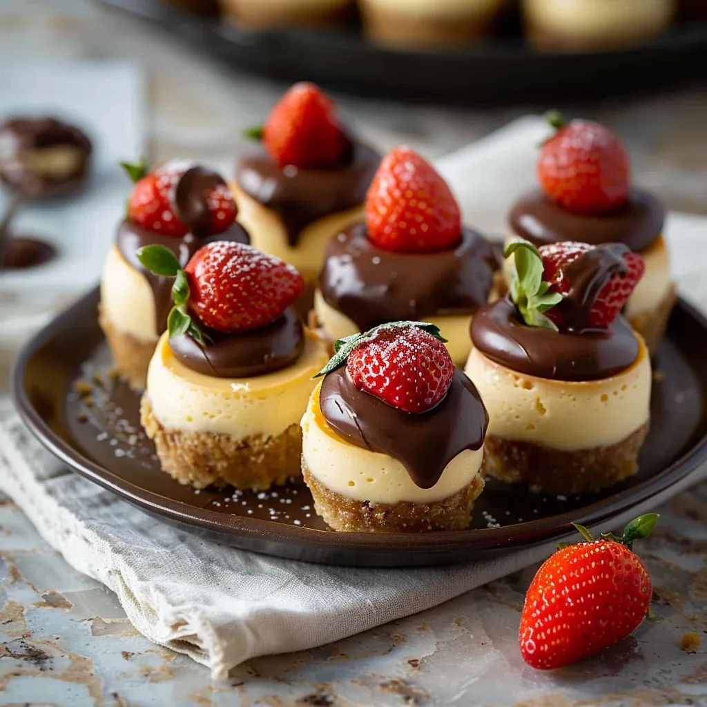 Mini Cheesecakes Topped with Chocolate Covered Strawberries