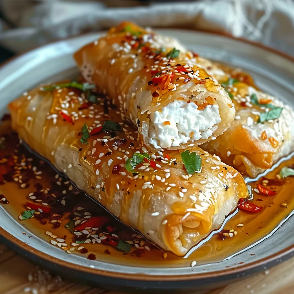 Oven Fried Feta Rolls with Chili Honey