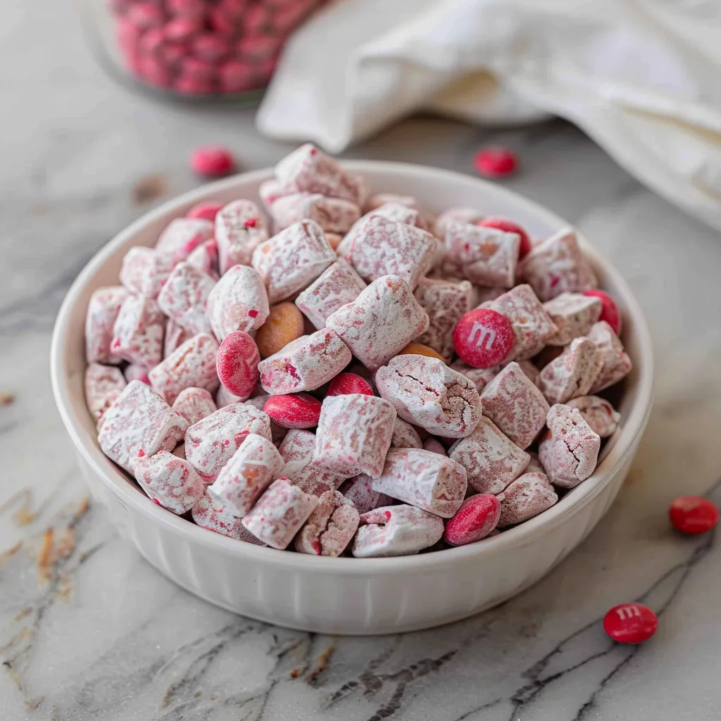Valentine's day muddy buddies with pink m&m's