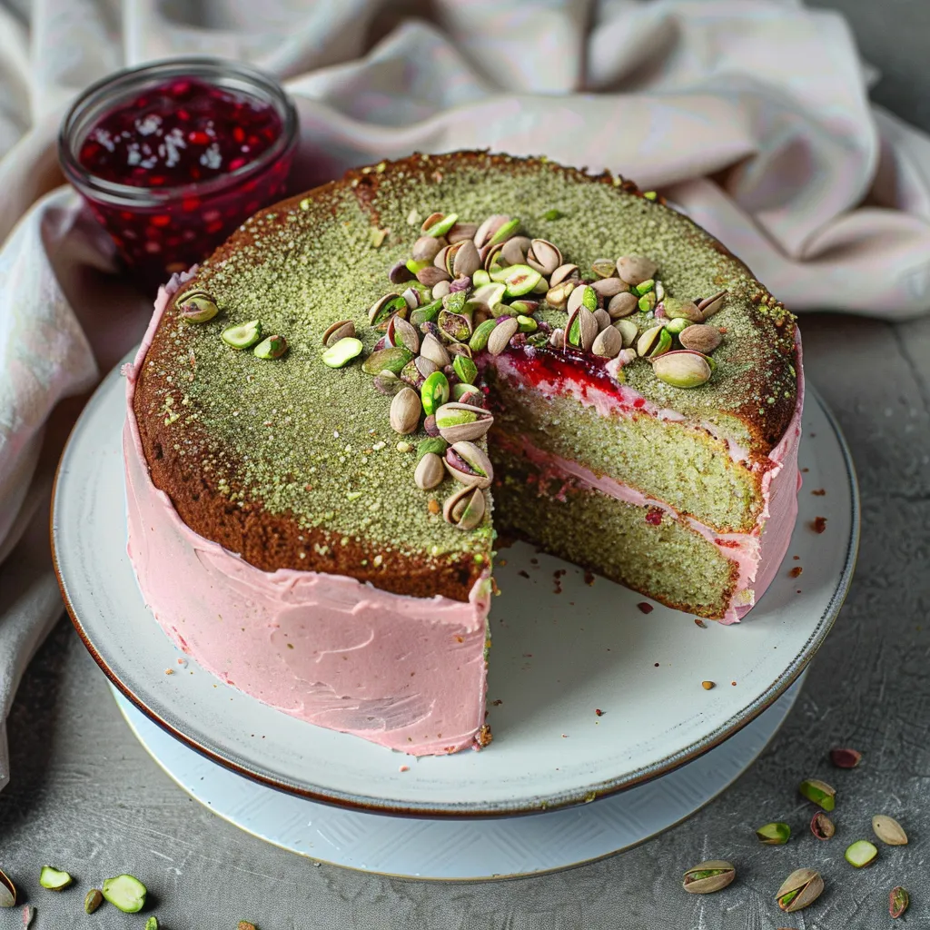 Pistachio Rose & Cardamom Cake With Raspberry Rose Jam