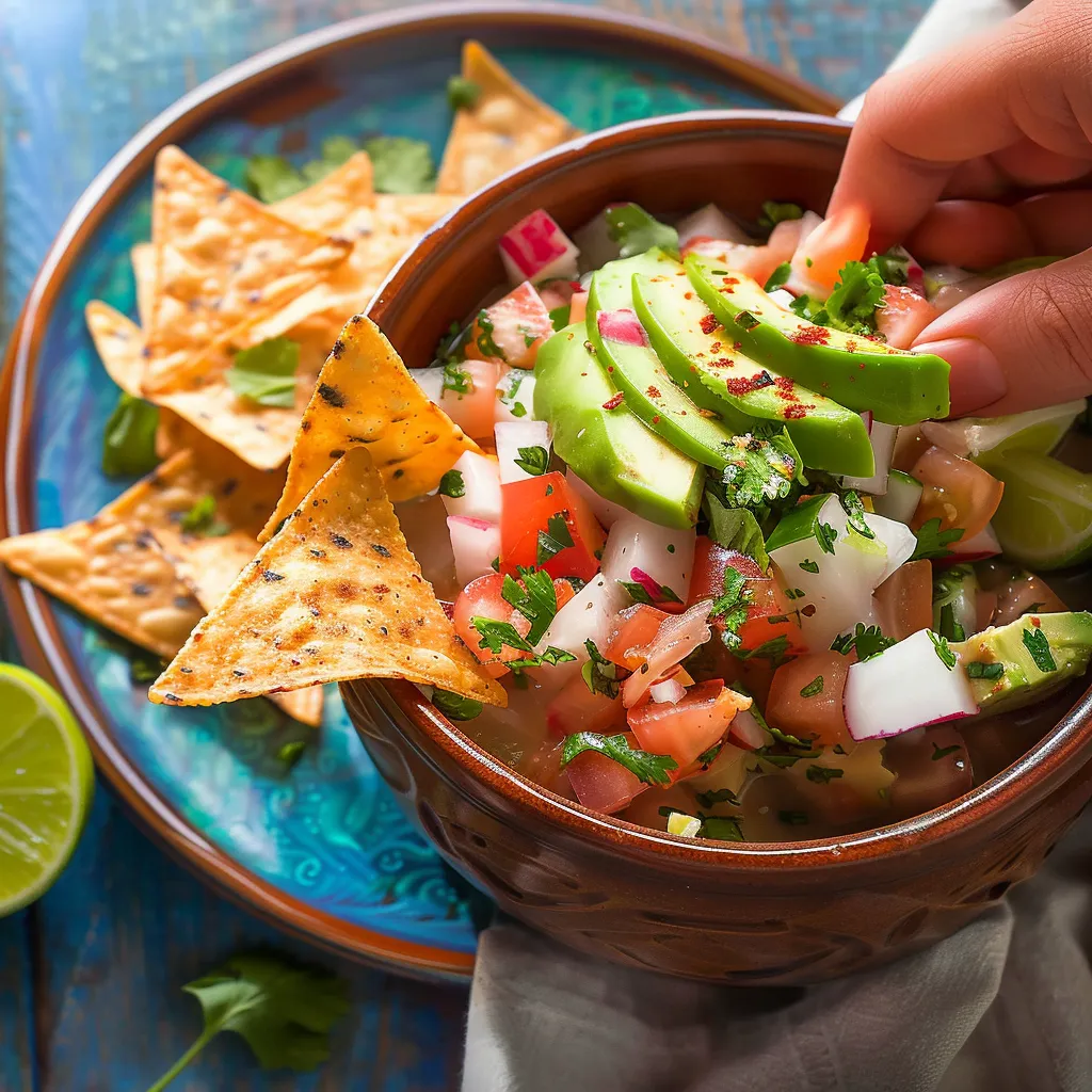 Ceviche with avocado and home-made tortilla chips