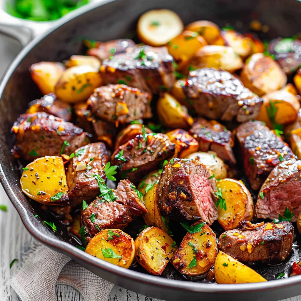 Garlic Butter Steak Bites with roasted baby potatoes