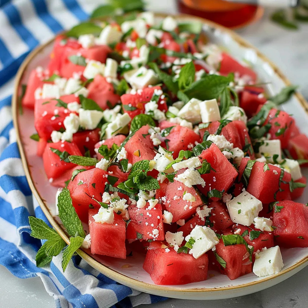 Watermelon & Feta Salad with fresh mint leaves