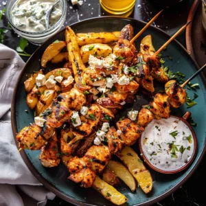 Greek Chicken Skewers with Feta Fries