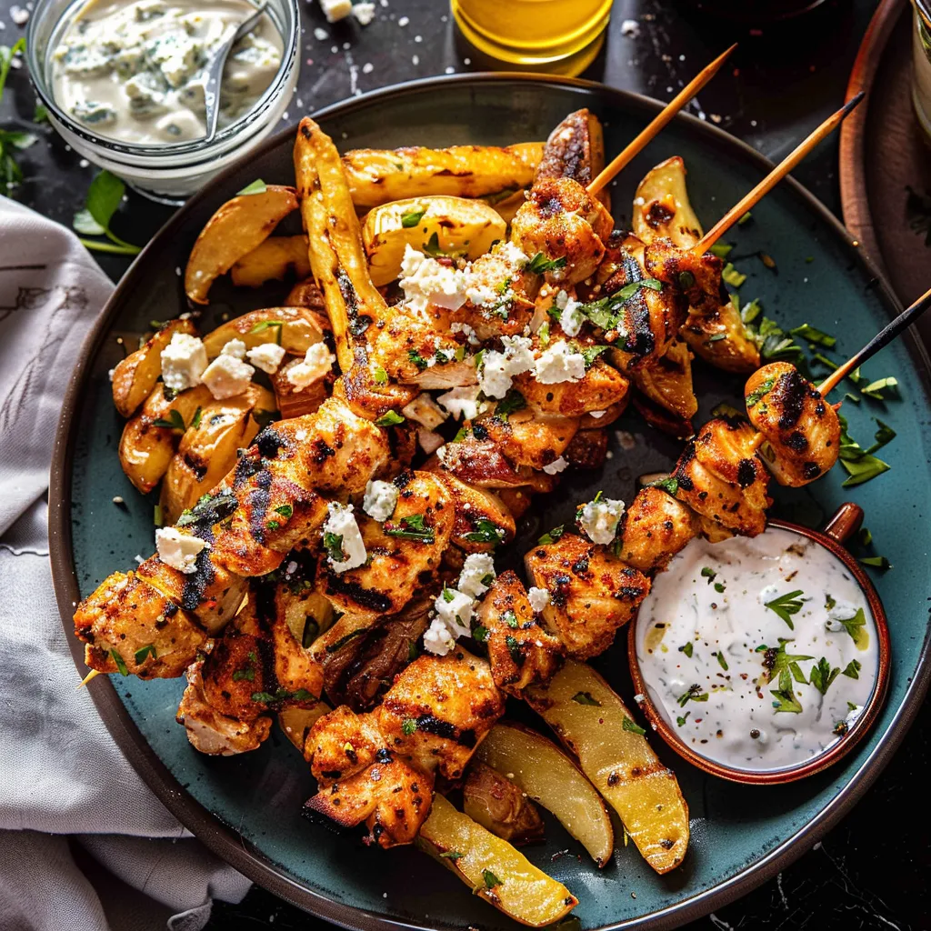 Greek Chicken Skewers with Feta Fries