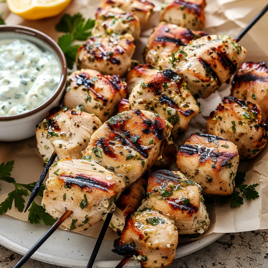 Mediterranean Chicken Skewers with a creamy tzatziki dip