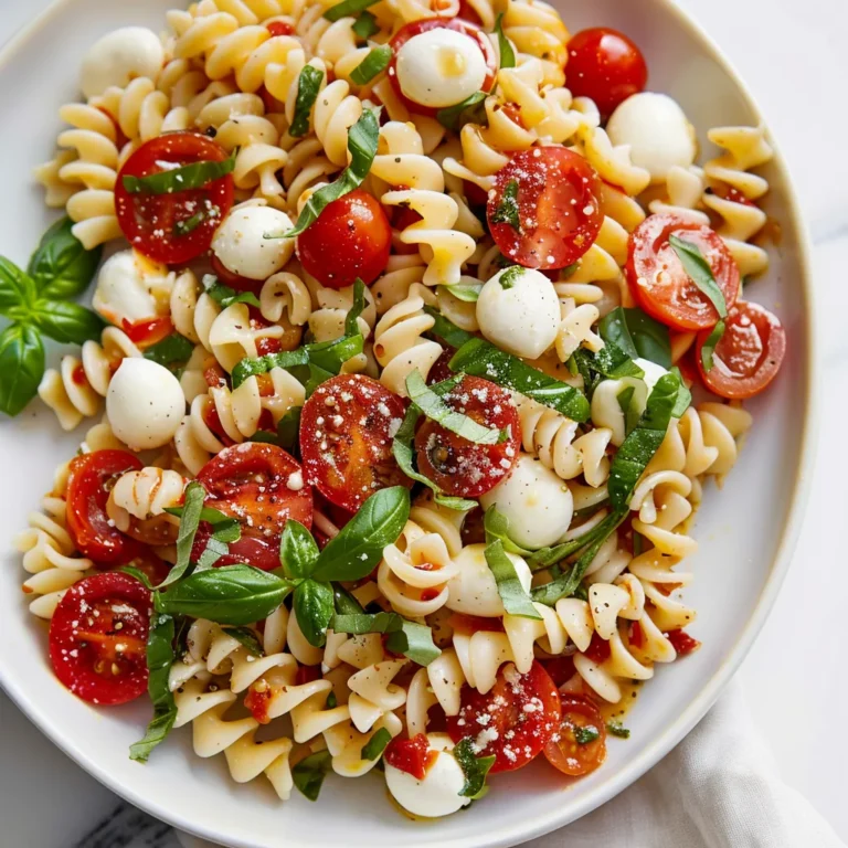 Caprese Pasta Salad with fresh basil and mozzarella pearls