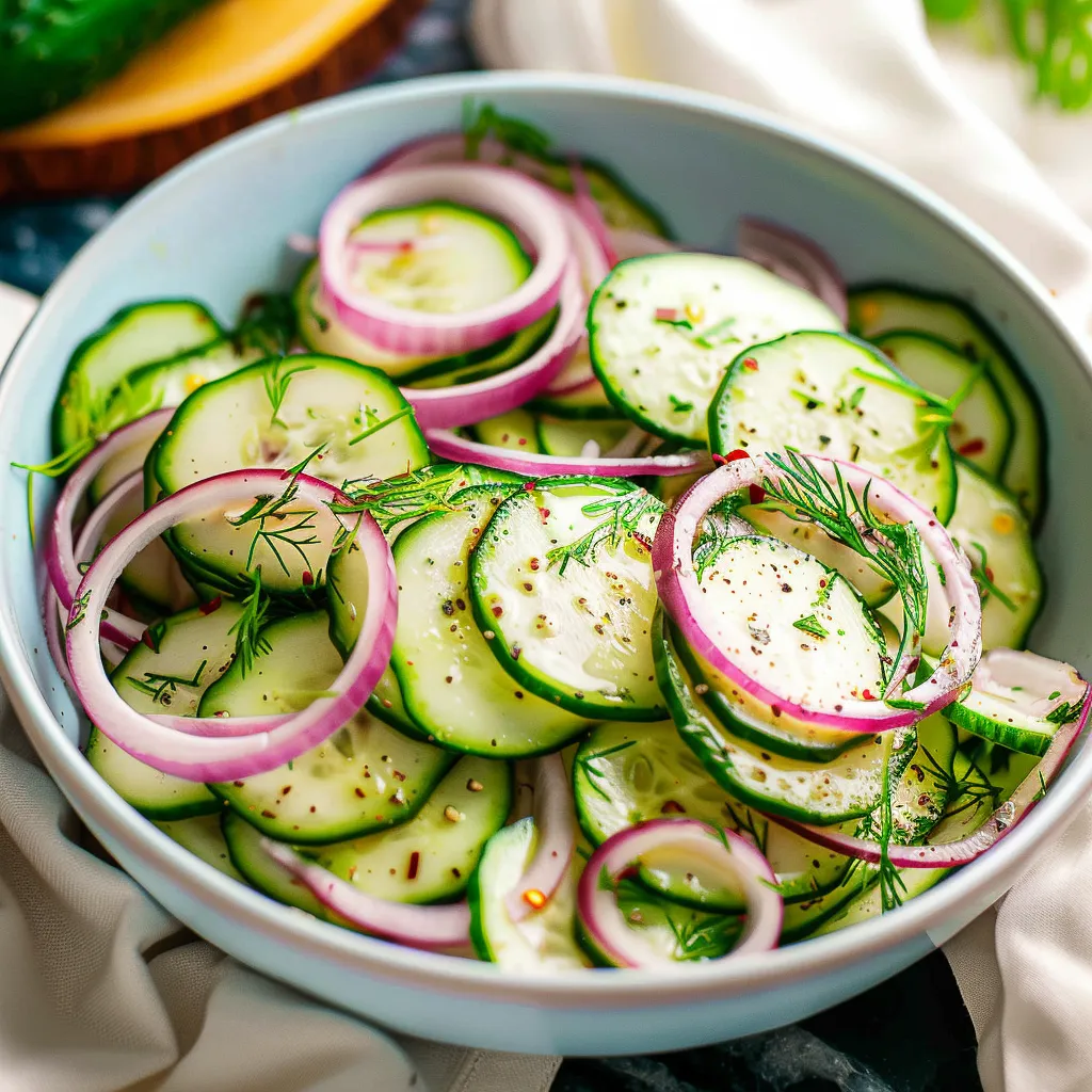 Cucumber Salad with red onion and a light vinegar dressing