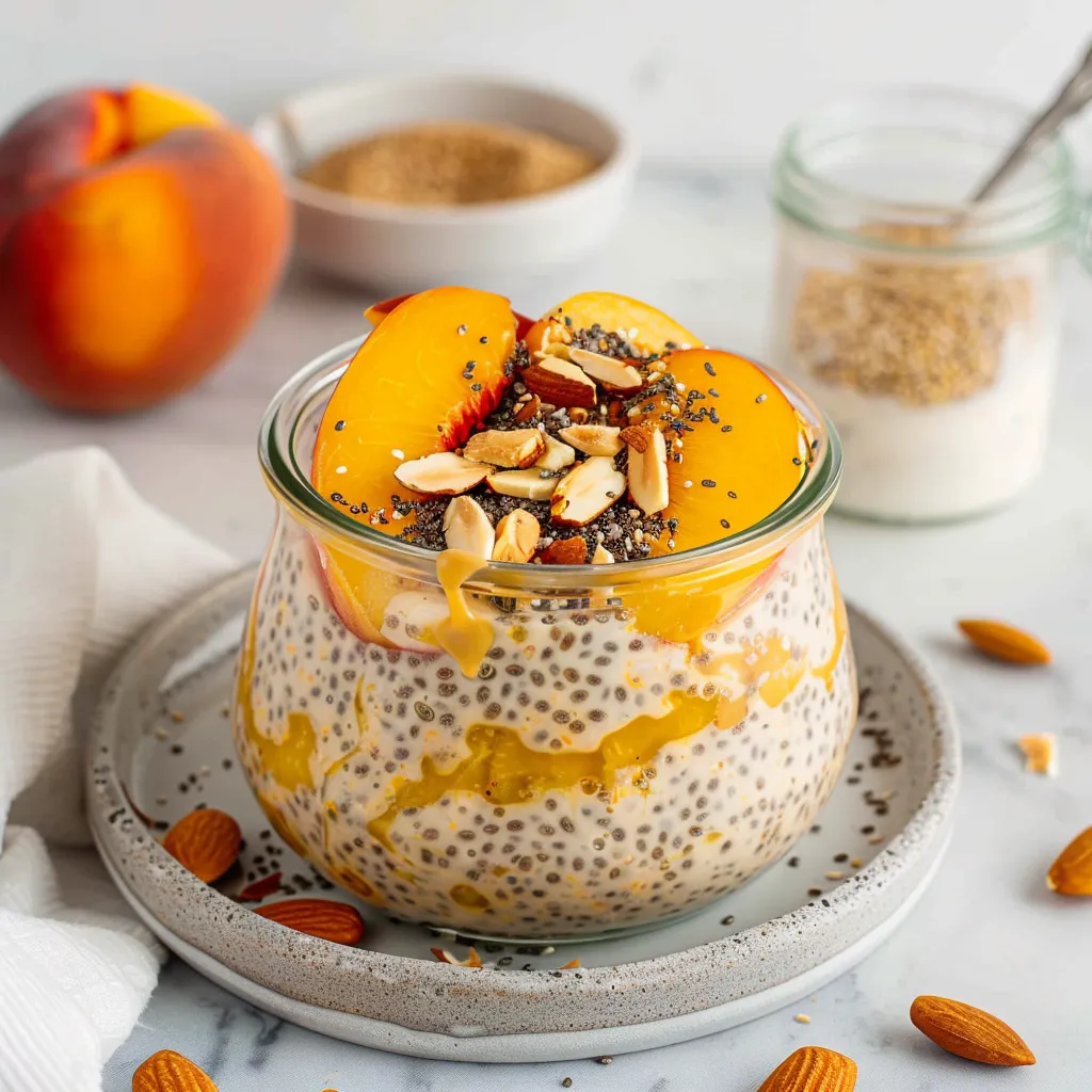 Overnight Chia Pudding with summer peaches and almonds