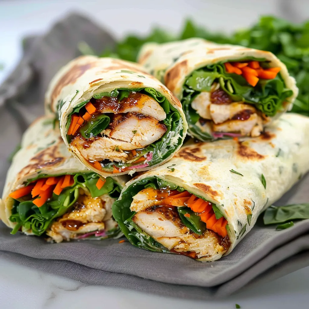 Honey Mustard Chicken Wraps with shredded carrots and greens