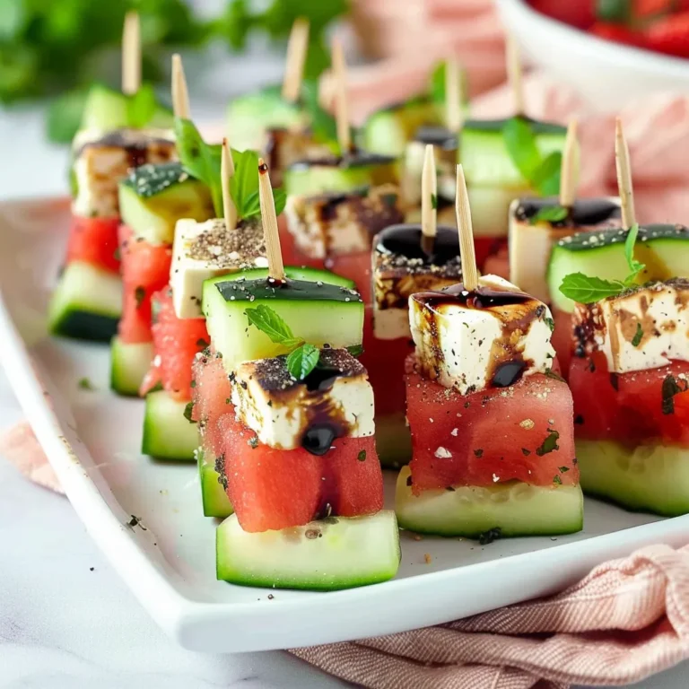 Watermelon Cucumber & Feta Skewers with a balsamic drizzle
