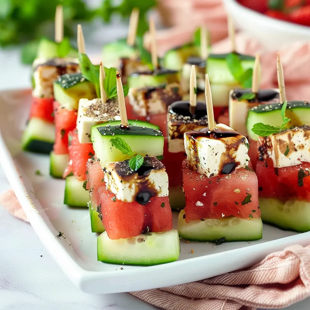 Watermelon Cucumber & Feta Skewers with a balsamic drizzle