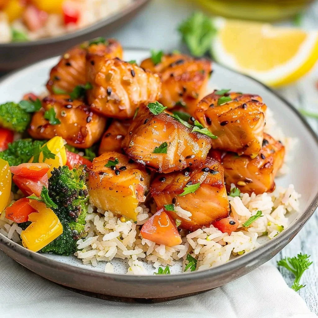 Air Fryer Salmon Bites, Sauteed Broccoli & Coconut Rice