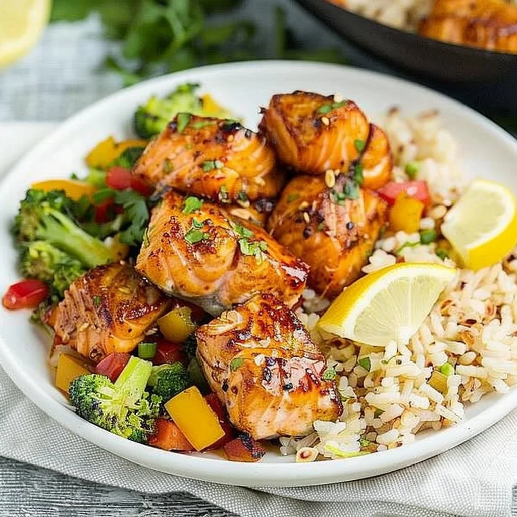 Air Fryer Salmon Bites, Sauteed Broccoli & Coconut Rice