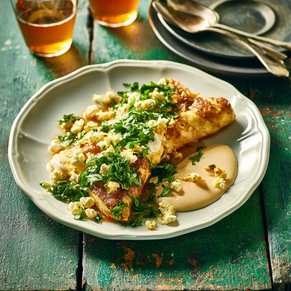 Delicious Cheddar Soufflé Omelette with Maple Popcorn Crunch served on a plate