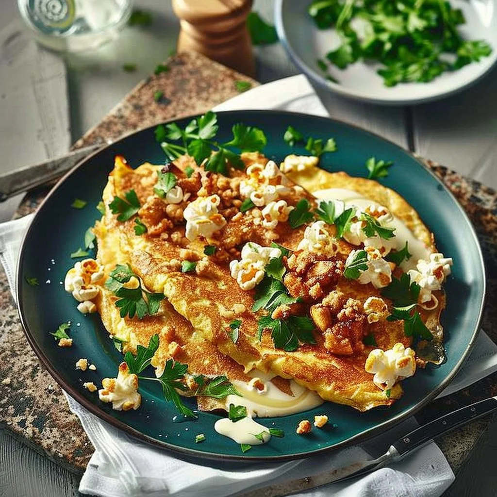 Cheddar Soufflé Omelette with Maple Popcorn