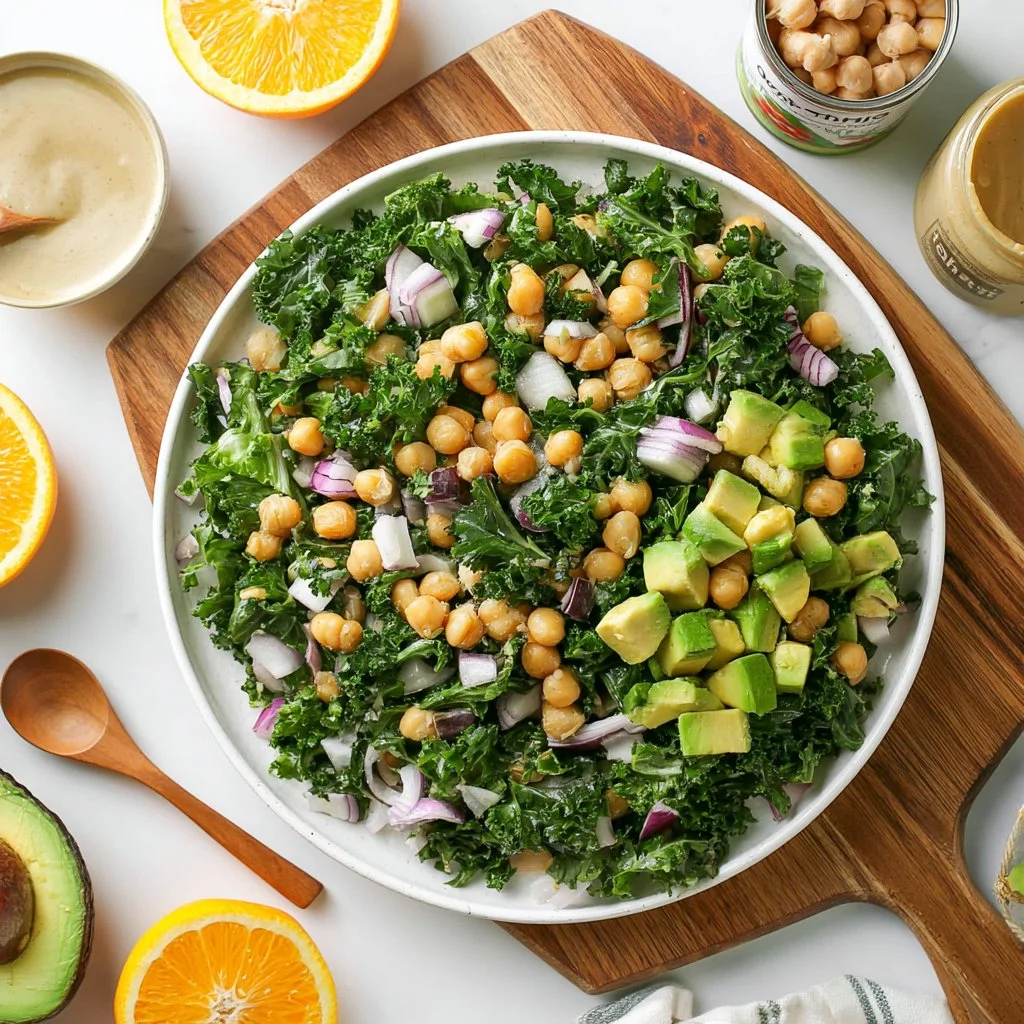 Chickpea salad with avocado and lemon tahini dressing in a bowl.