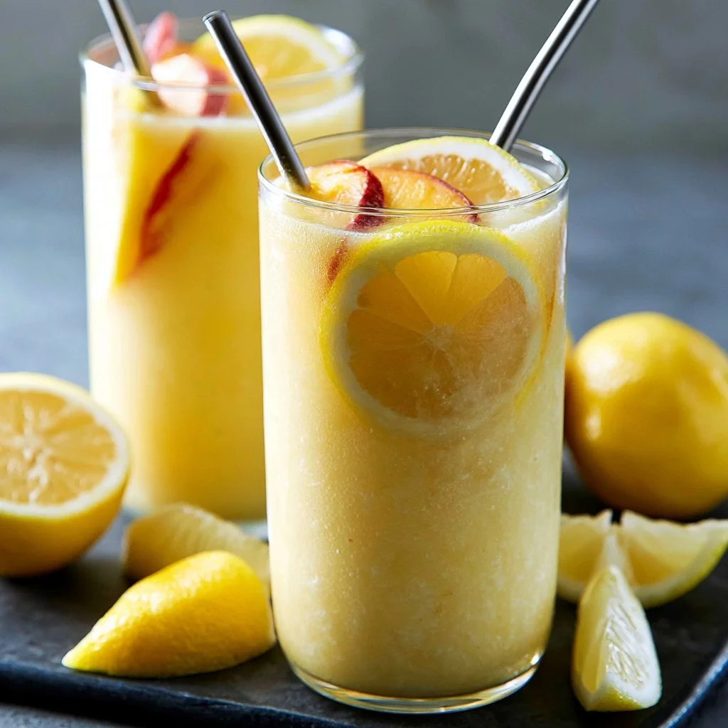 Frozen peach lemonade slushie in a glass with a straw and peach slices.