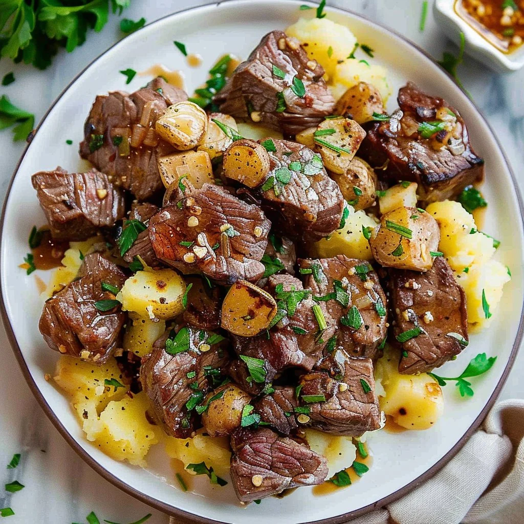 Juicy Garlic Butter Steak Bites With Smashed Potatoes