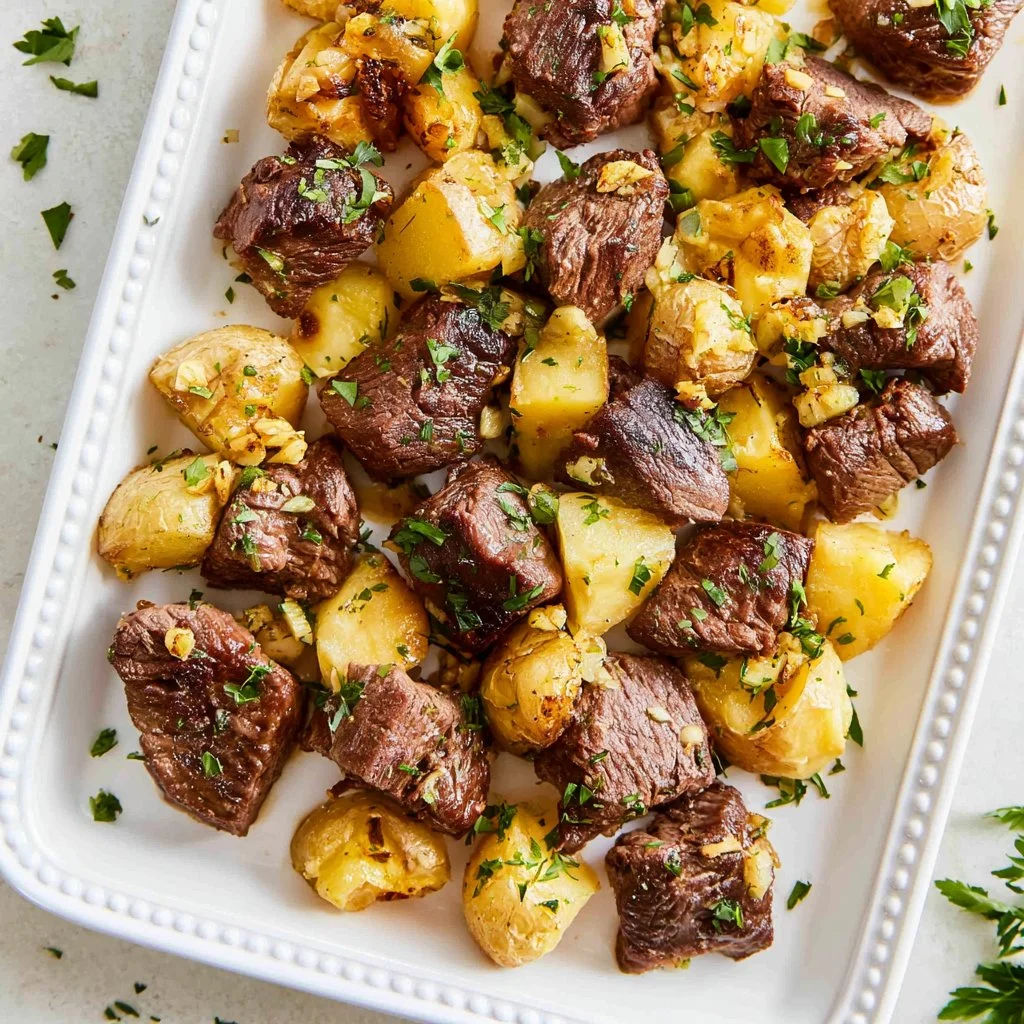 Juicy Garlic Butter Steak Bites With Smashed Potatoes