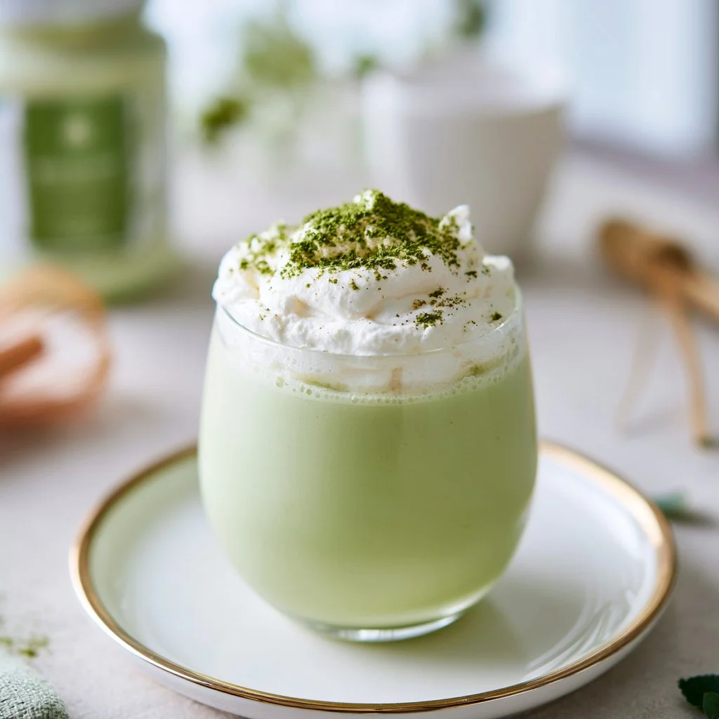 Iced coconut matcha latte served in a glass with ice and coconut topping