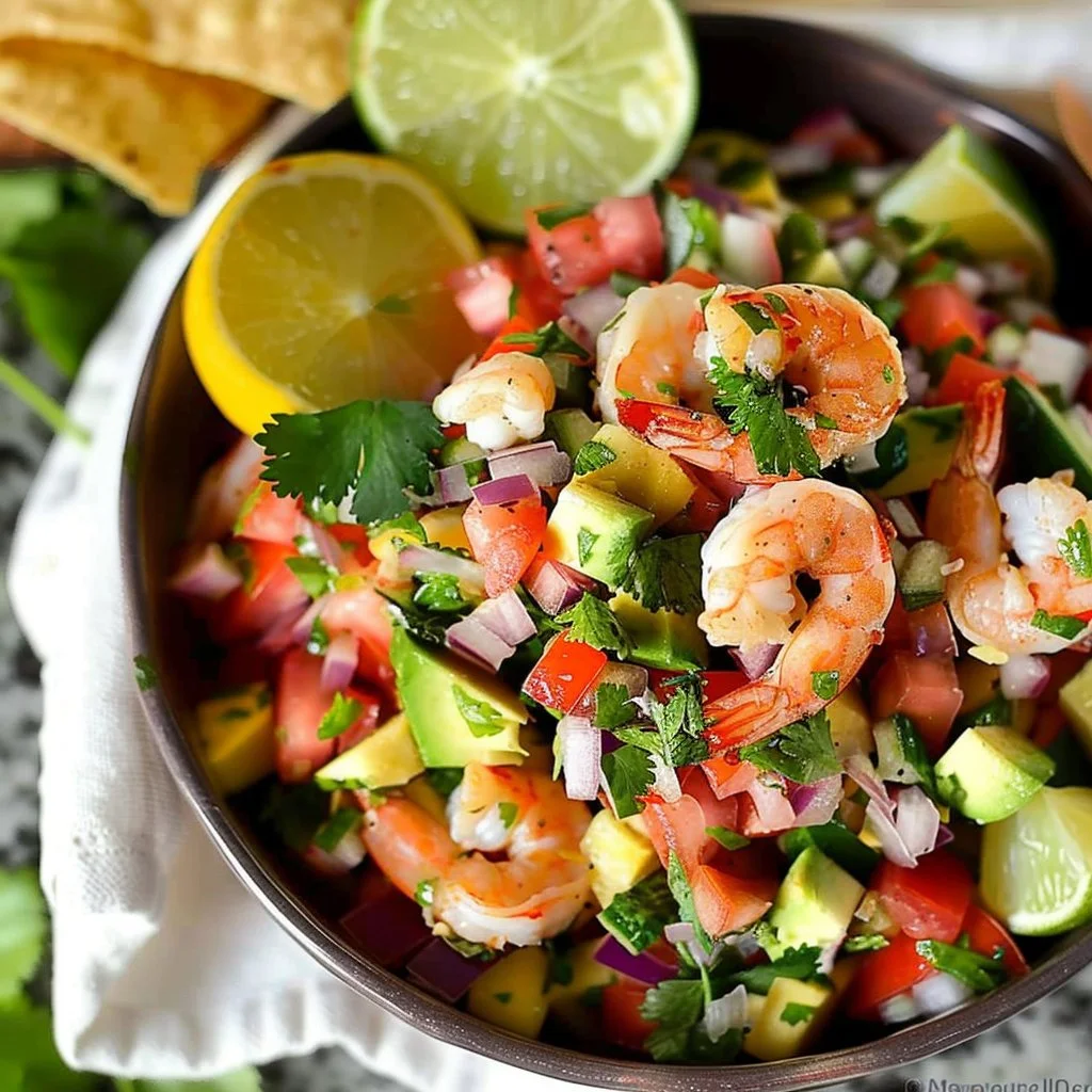 Fresh shrimp ceviche bowls garnished with lime and cilantro