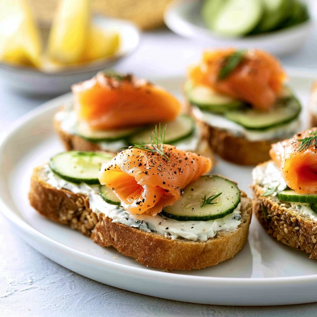 Delicious smoked salmon toast garnished with cream cheese on a wooden board.