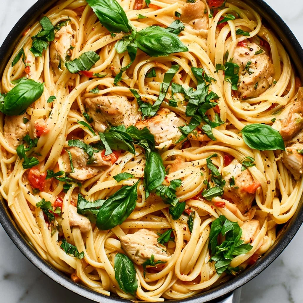 Delicious Tomato Basil Chicken Pasta with Creamy Sauce served in a bowl