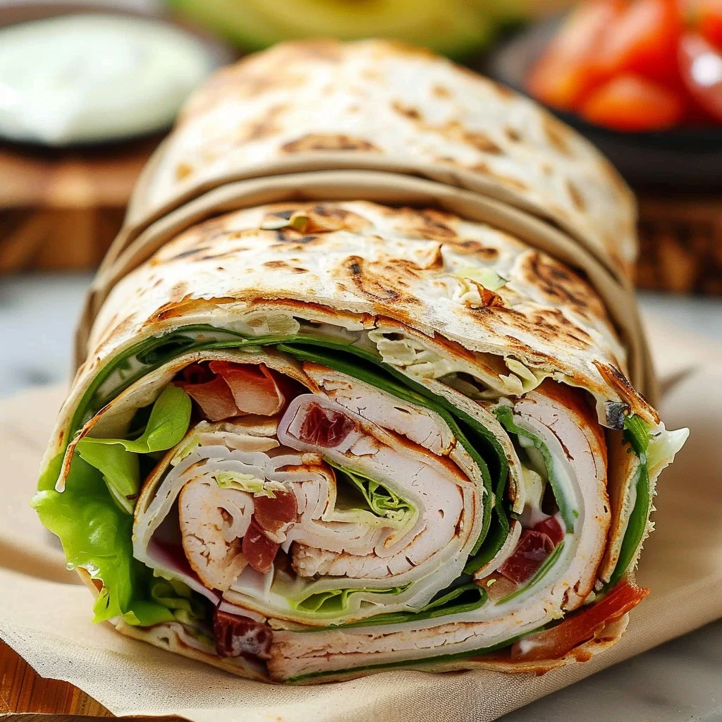 Turkey Club Wrap filled with juicy turkey, crispy bacon, and fresh vegetables