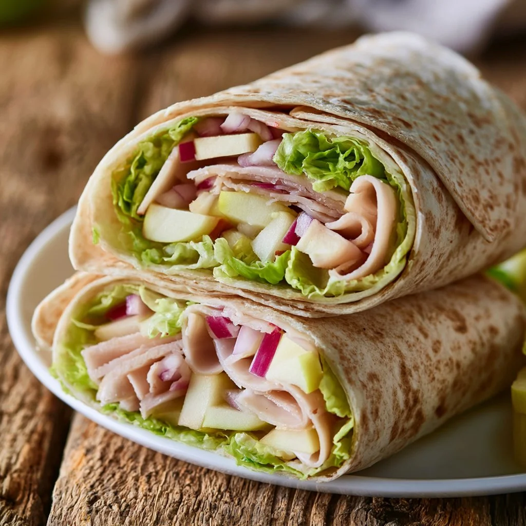 Turkey Swiss Wraps with apple on a wooden surface