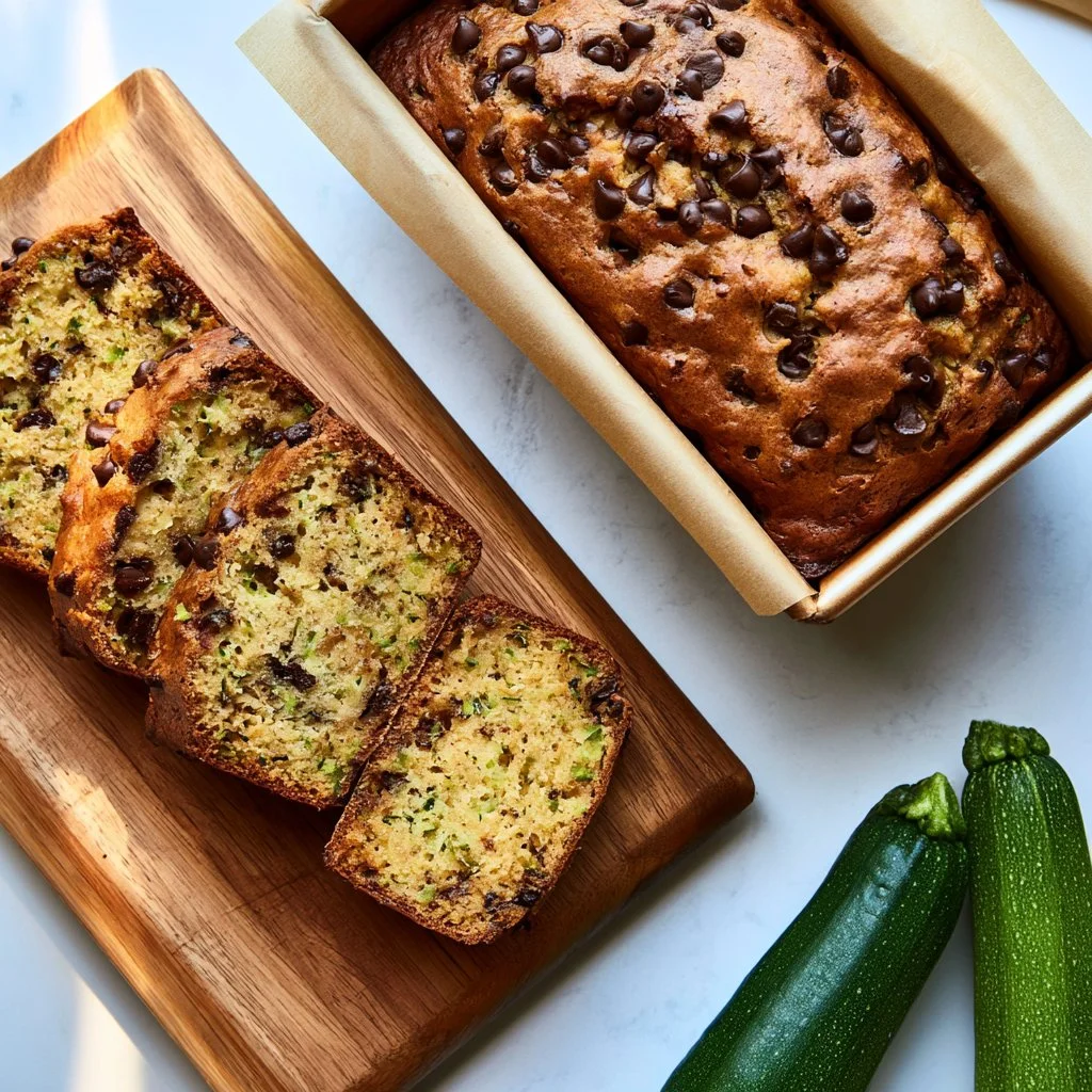 Slice of moist zucchini chocolate chip bread on a wooden table