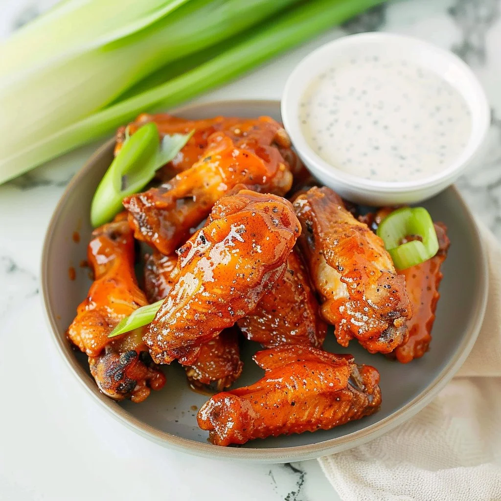 Crispy air fryer buffalo wings served on a plate with dipping sauce