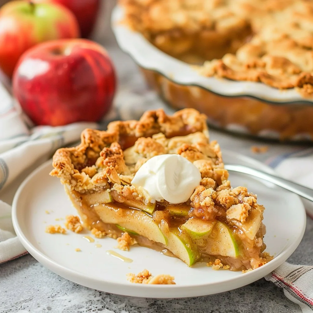 Delicious Apple Crumble Pie served with a scoop of vanilla ice cream