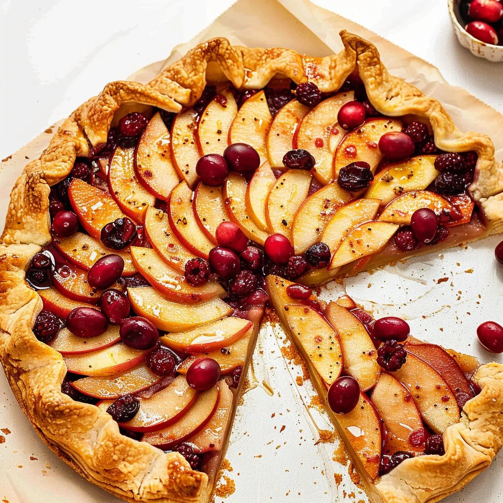 Delicious apple galette with cranberries on a rustic wooden table