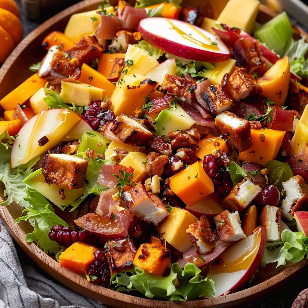 A vibrant Autumn Harvest Salad with roasted vegetables and cranberries served in a bowl.