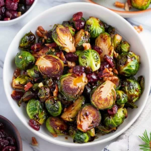 Balsamic glazed Brussels sprouts with cranberries in a serving dish