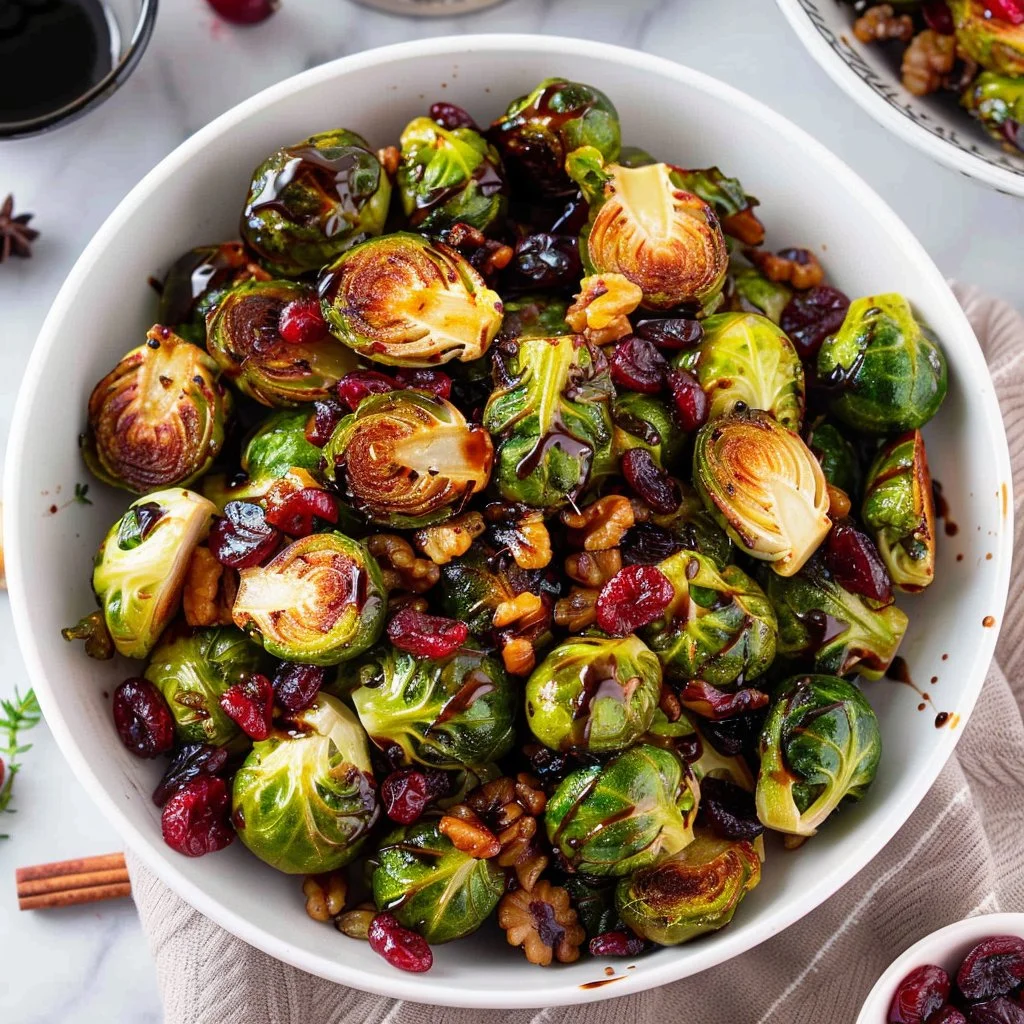 Balsamic Glazed Caramelized Brussels Sprouts With Cranberries