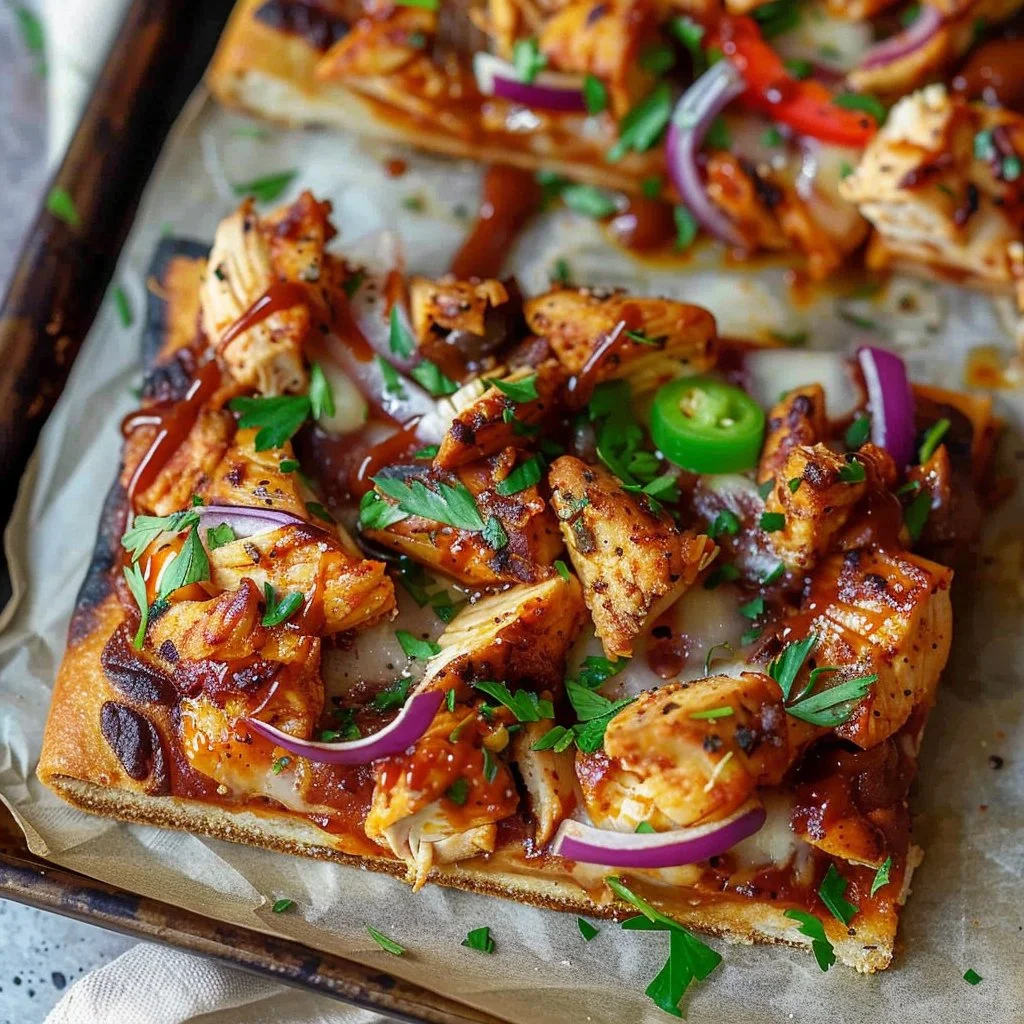 BBQ Chicken Flatbread topped with smoky flavors and fresh ingredients